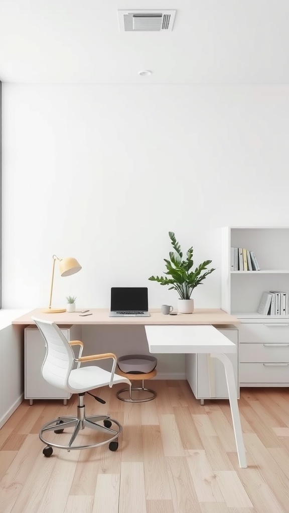 A minimalist office with a neutral color palette featuring a desk, chair, laptop, and a green plant.