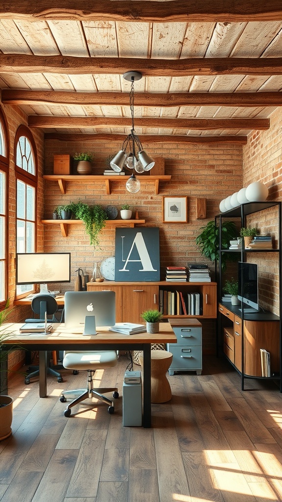 A rustic office with exposed brick walls, wooden beams, modern furniture, and plants.