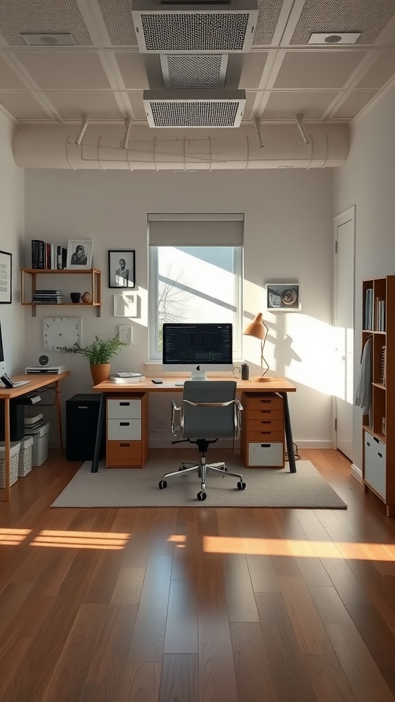 Minimalist office with open layout, featuring natural light, wooden flooring, and simple furniture.