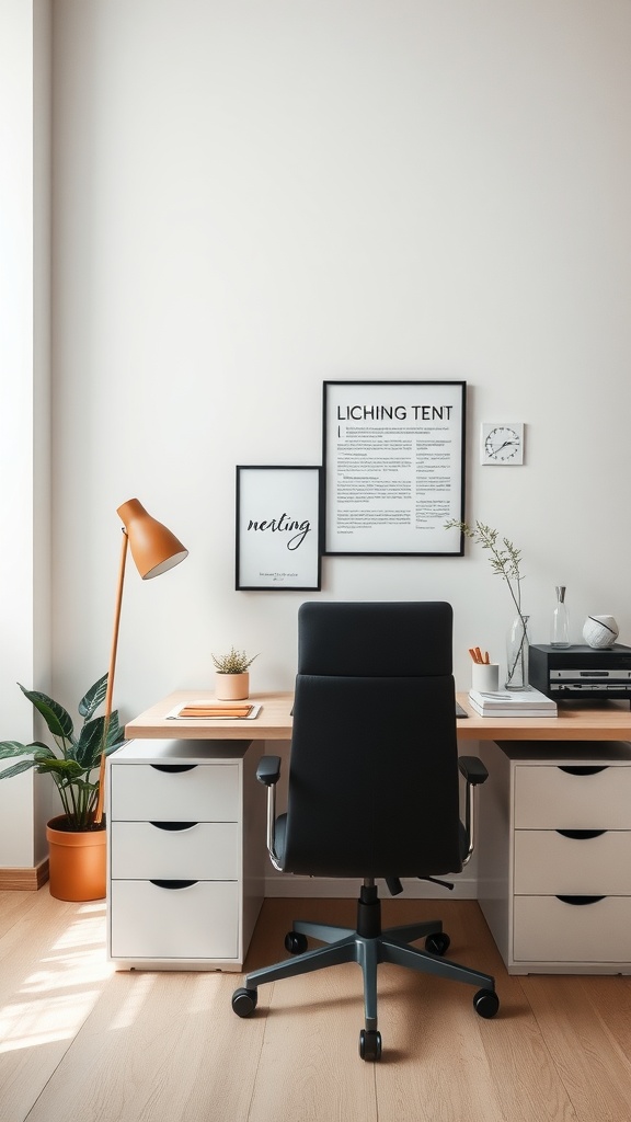 A minimalist office setup featuring a desk with a plant, lamp, and framed art on the wall.