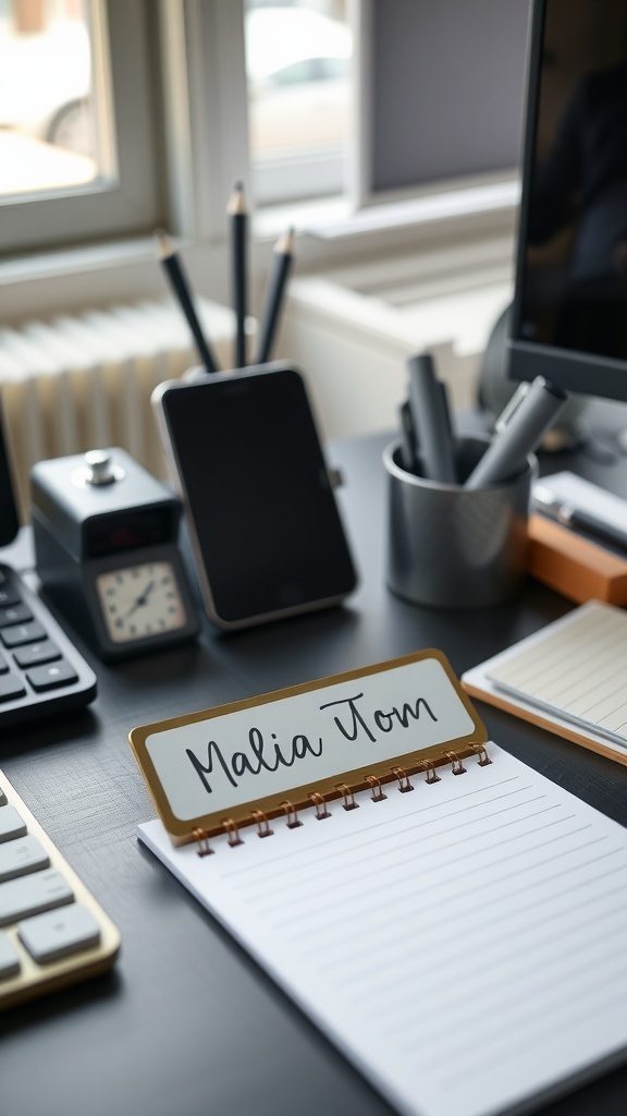 A personalized workspace featuring a nameplate, a notebook, and various office supplies.