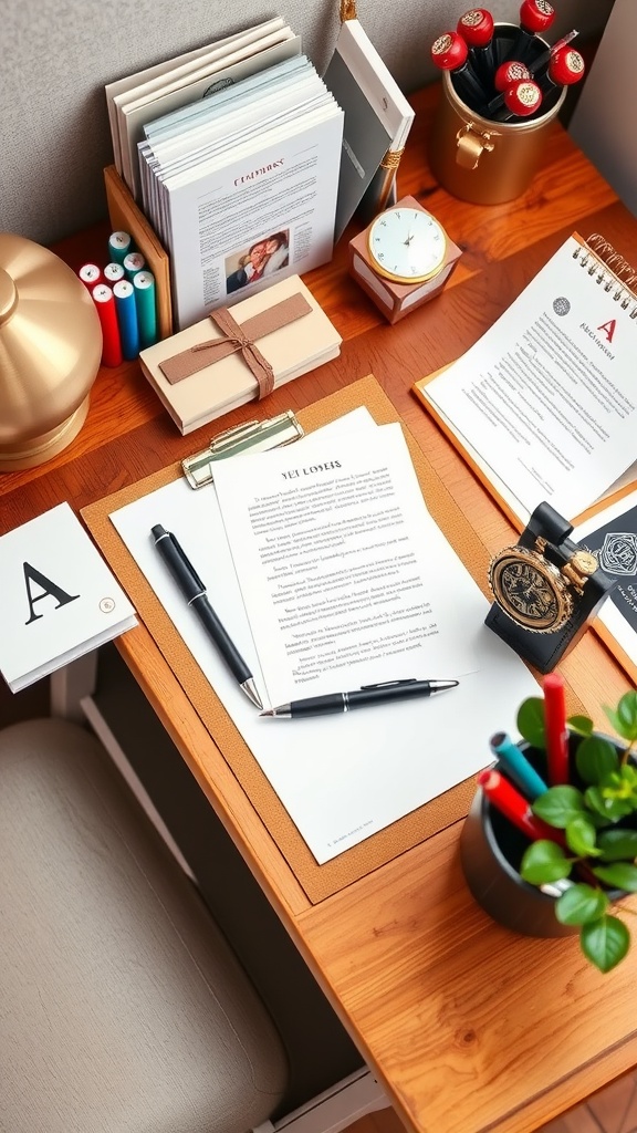 A well-organized office desk featuring personalized accessories such as colorful pens, a small plant, a clock, and neatly arranged papers.