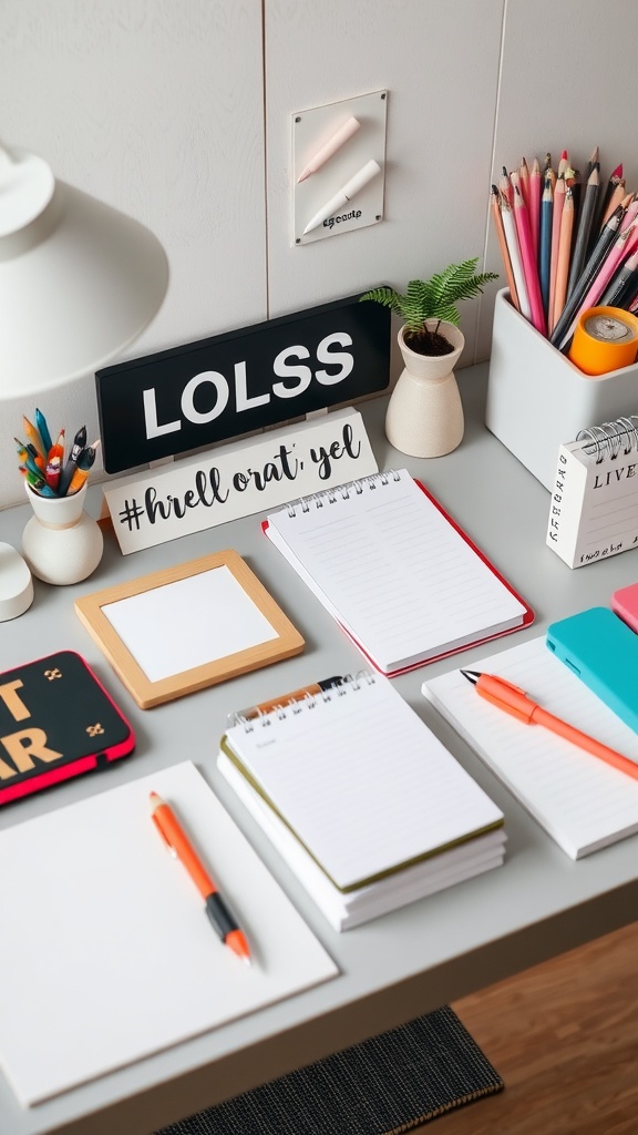 A neatly organized desk with colorful stationery, notepads, and a small plant