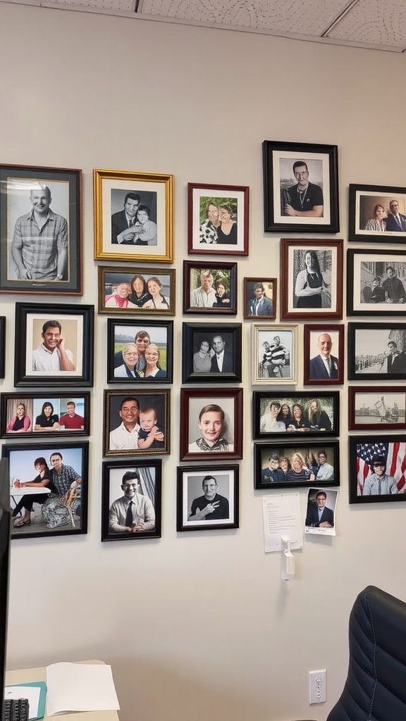 A wall decorated with a variety of framed photos, showcasing personal memories.