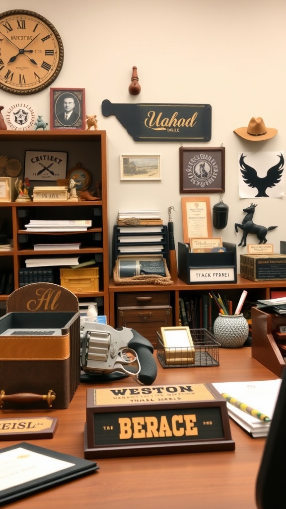 A western-themed office with personalized accessories including a wooden nameplate, wall decor, and rustic storage boxes.