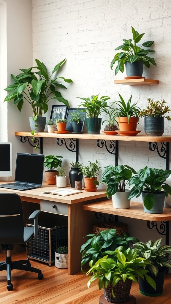 A rustic office space decorated with various green plants on shelves and a wooden desk.