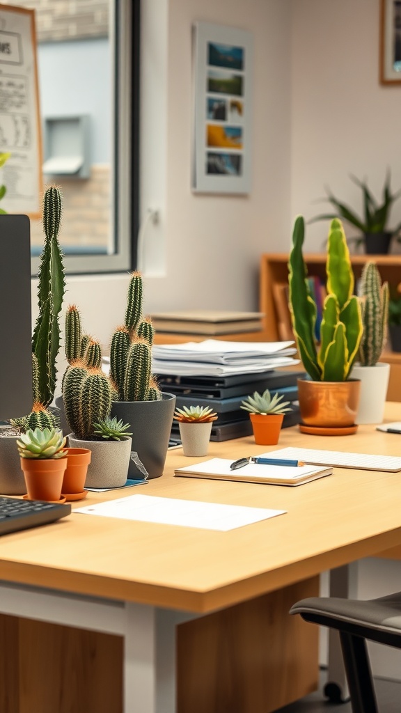 A desk with various potted cacti and succulents in an office setting.