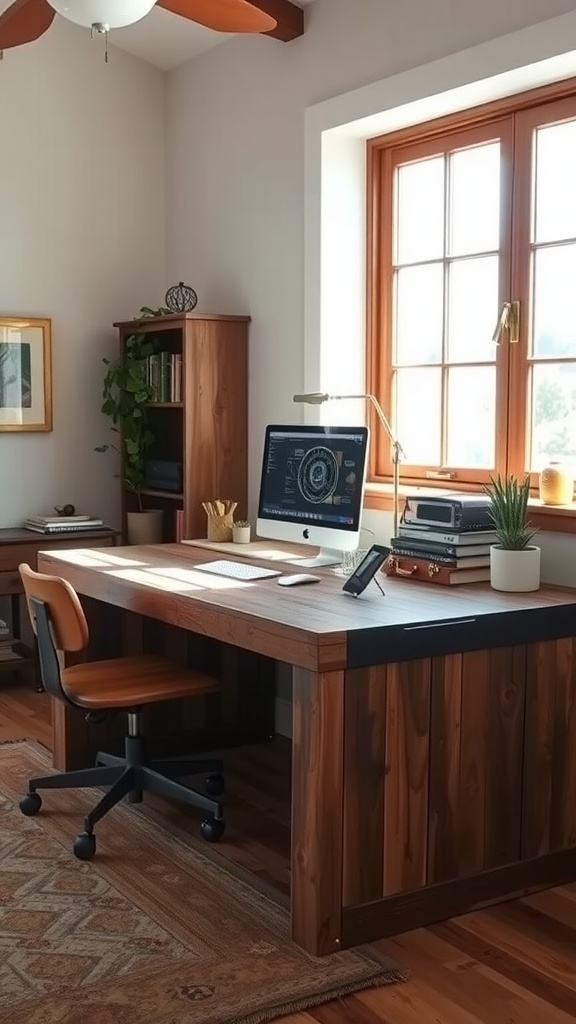 A rustic office setup featuring a reclaimed wood desk, modern computer, and warm decor.