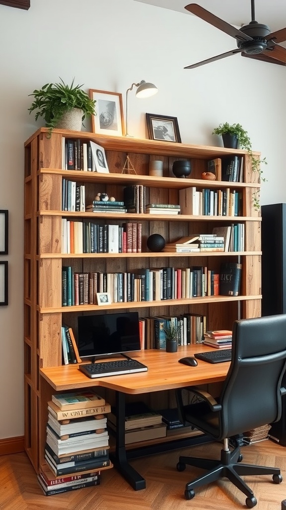 Rustic bookshelf made from pallets displaying books and decorative items in an office setting