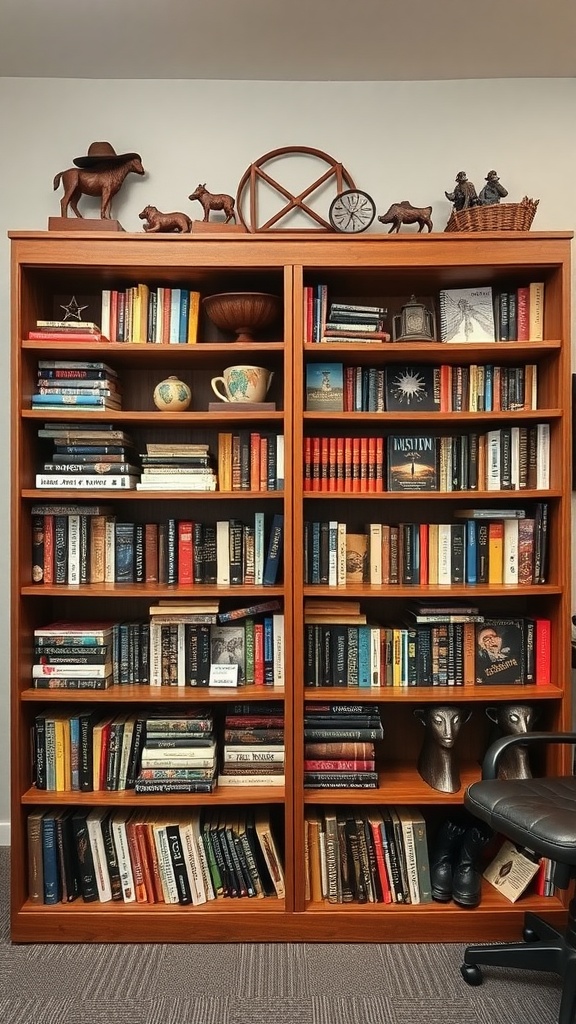 A wooden bookshelf filled with various books, adorned with rustic decorations and Western-themed items.