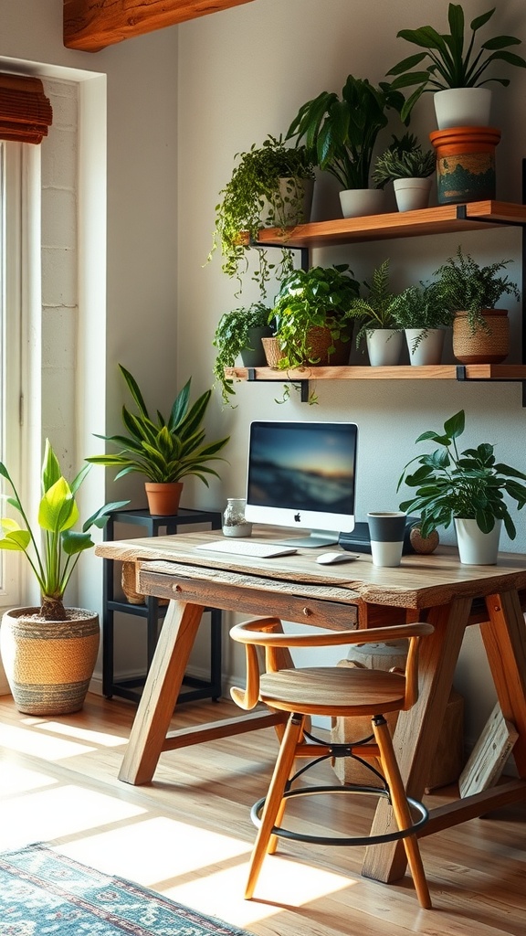 A rustic wooden desk with plants and a computer in a sunlit office space.