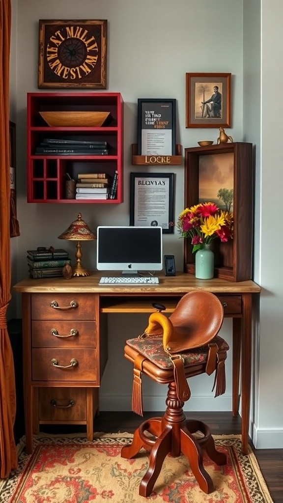 A cozy office space featuring a saddle-inspired chair, wooden desk, and decorative western-themed elements.