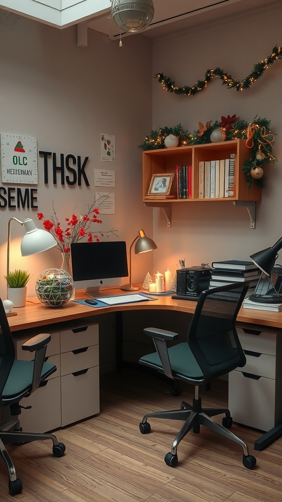 A cozy office desk decor featuring festive elements like garlands, candles, and a glass globe.