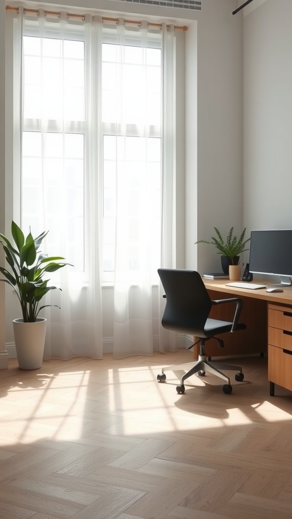 Minimalist office with large windows and sheer white curtains, featuring a desk and chair