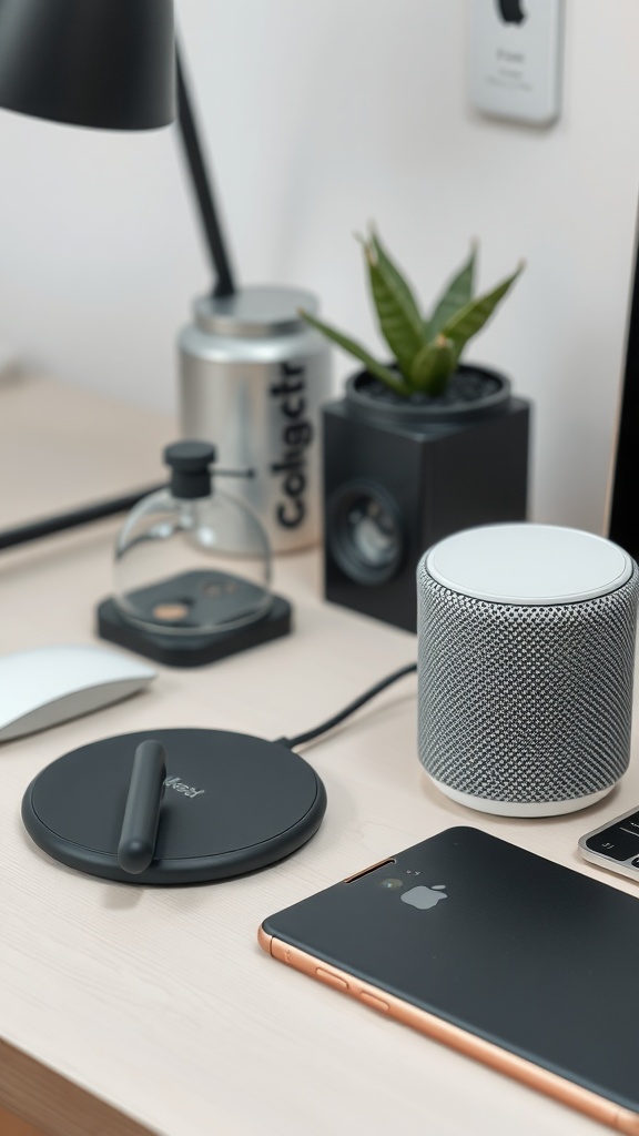 A modern work desk featuring a wireless charging pad, a pen, a speaker, and a small potted plant.