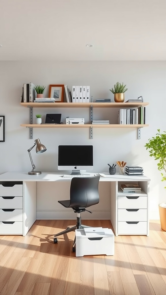 Minimalist office setup with smart storage solutions, including shelves and organized desk drawers.