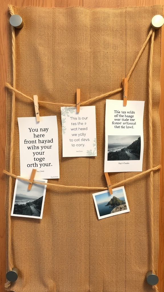 A rustic bulletin board made from burlap displaying quotes and photos with wooden clothespins.