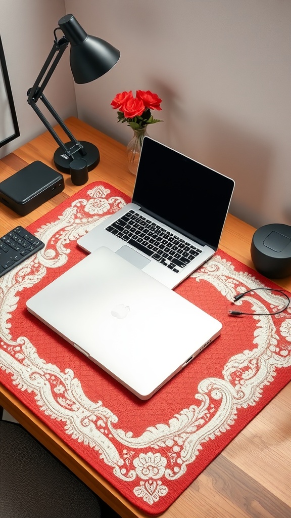 A stylish red desk mat with intricate designs on an office desk featuring a laptop, lamp, and flowers.