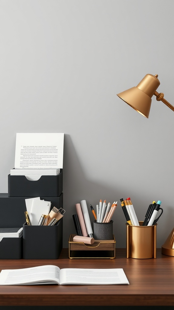 An organized office desk with stylish black storage boxes and metallic accents, featuring pens, a desk lamp, and an open book.