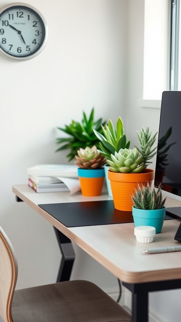 A stylish office desk decorated with various succulent plants in colorful pots, with a clock and a computer in the background.