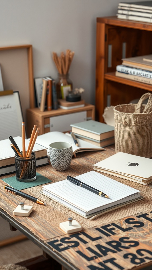 A rustic office desk with textured fabrics including a woven basket, a patterned cup, and various notebooks and pens.