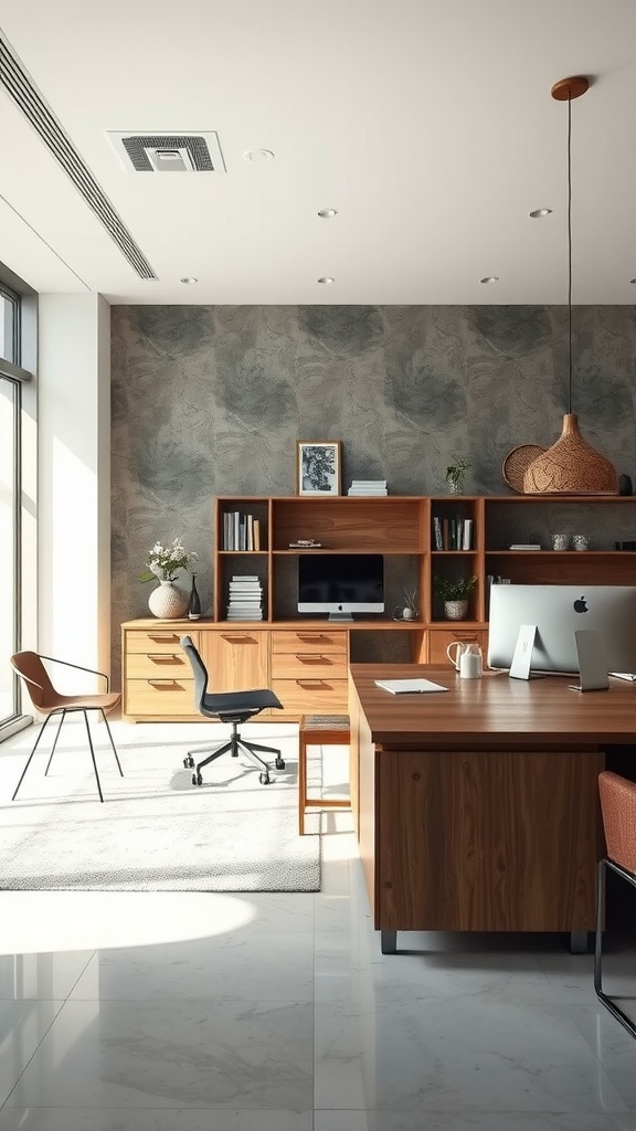 A minimalist office with wooden furniture, a computer, and textured decor elements.