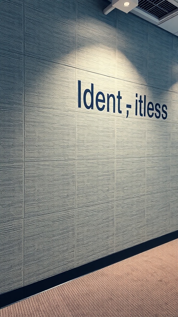 Textured wall panels with the words 'Ident, itless' on a modern office wall