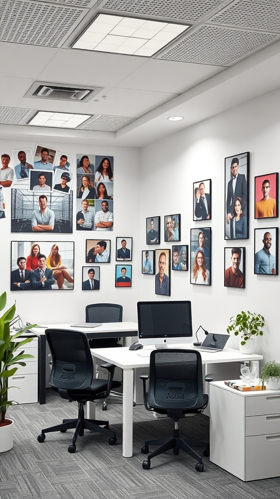 An office space featuring framed photographs of employees, desks, and plants.