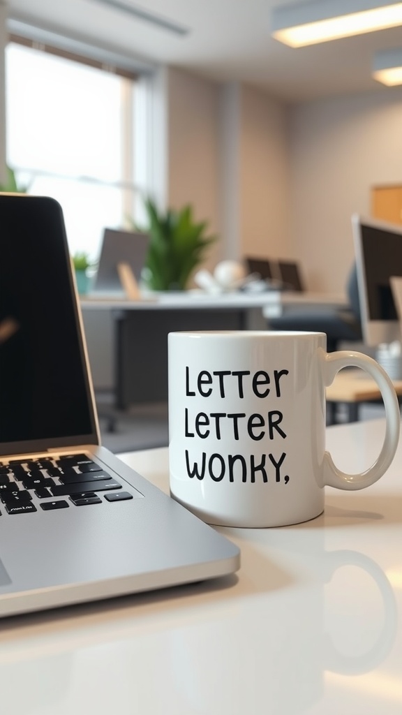 A quirky coffee mug with the phrase 'LETTER LETTER WONKY' next to a laptop on a work desk.