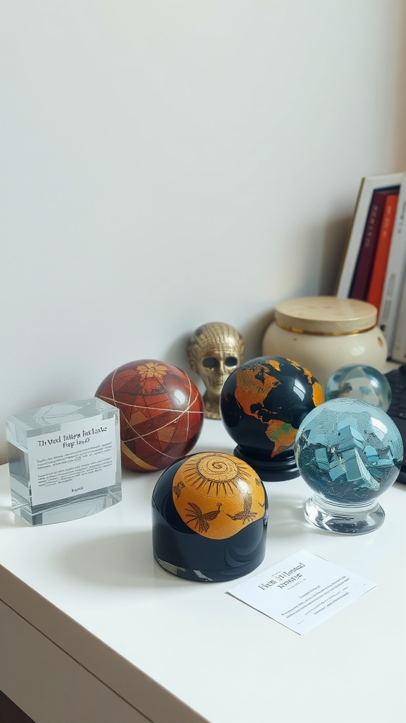 A variety of unique paperweights displayed on an office desk, featuring different designs such as globes and artistic patterns.