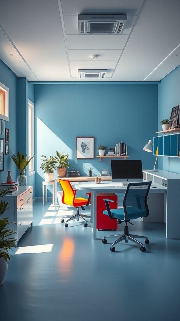 A modern office space with blue walls, a white desk, and colorful chairs, featuring plants.