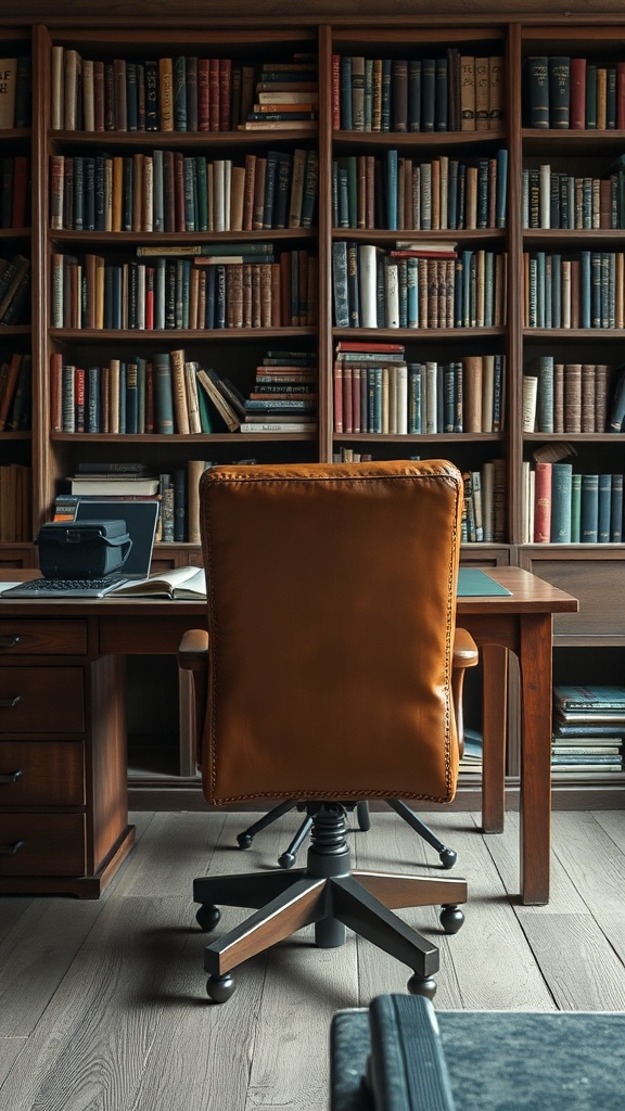A vintage leather office chair in a rustic office setting with a wooden desk and a bookshelf filled with books.