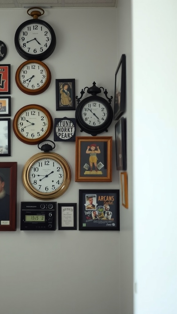 A wall decorated with vintage clocks and framed artwork, showcasing a mix of styles and sizes.