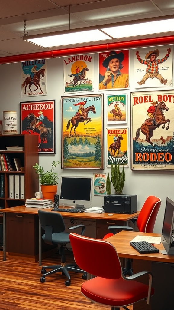 An office space decorated with vintage rodeo posters on the wall and modern office furniture.