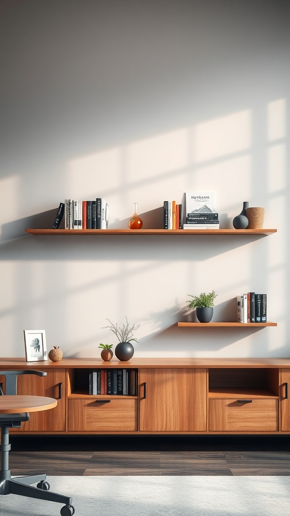A stylish office wall with wooden shelves displaying books and decorative items like vases and plants.