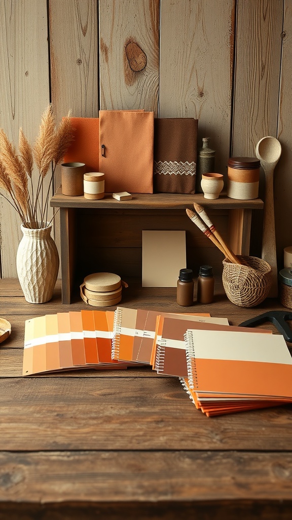 A display of warm color palette selections including orange, beige, and brown swatches, along with rustic office decor items.