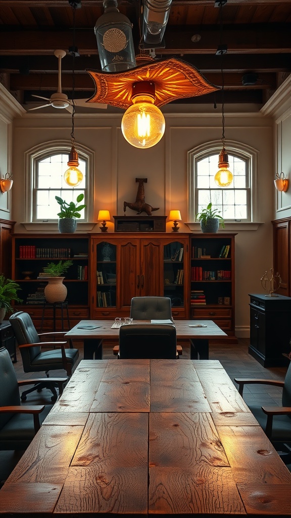 A rustic office with western-themed lighting fixtures, featuring a cowboy hat-shaped light and warm glowing bulbs.