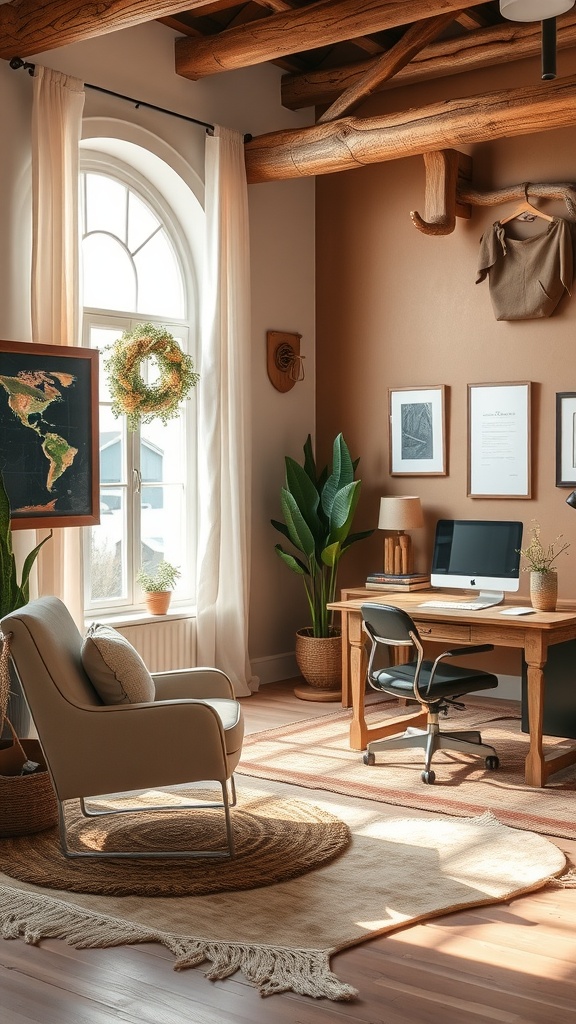 A cozy western-themed office space with warm earthy colors, wooden beams, and natural decorations.