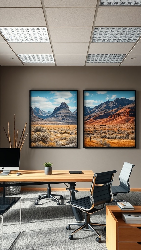 An office featuring Western landscape photography on the walls, showcasing mountains and a desert landscape.