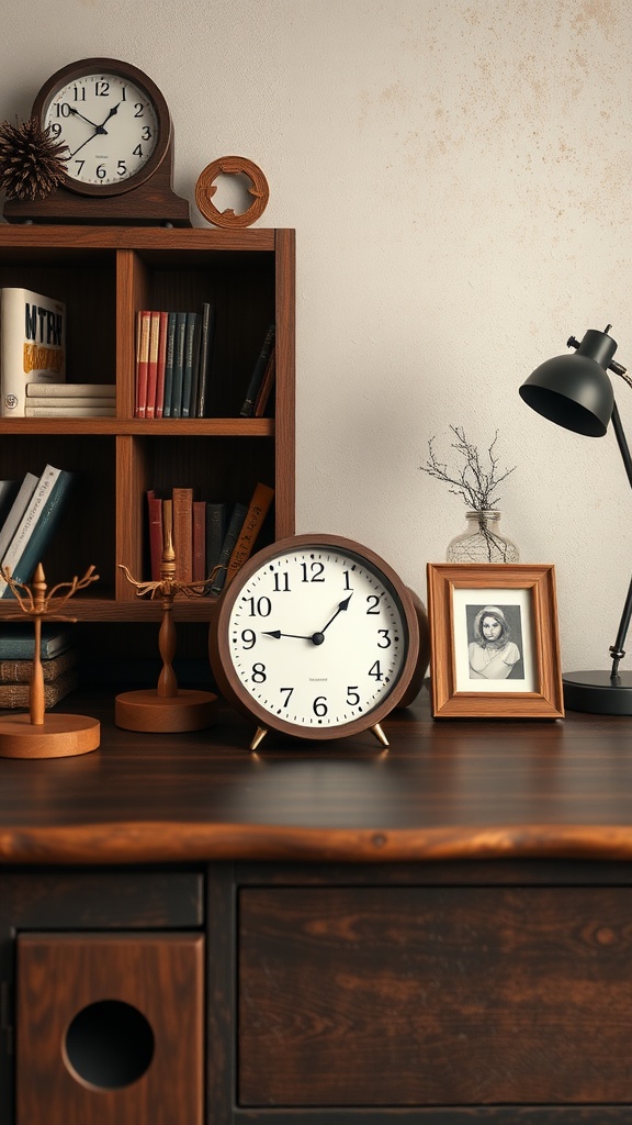 A rustic wooden office desk featuring a clock, books, and decorative items.