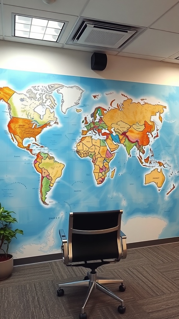 A colorful world map mural on an office wall with a black office chair in front.