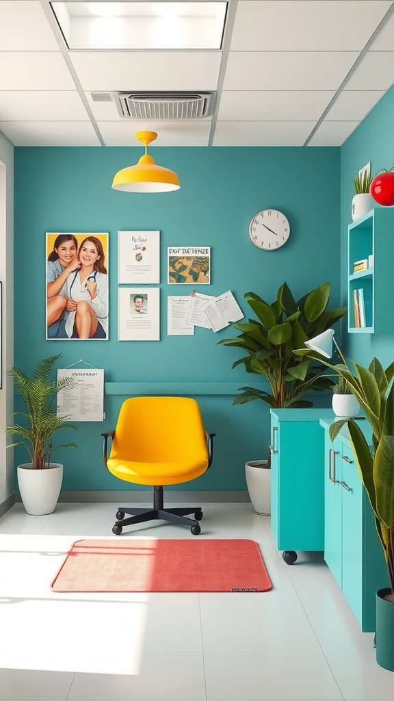 A nurse's office decorated with bright teal walls, yellow chair, a pendant light, and greenery.