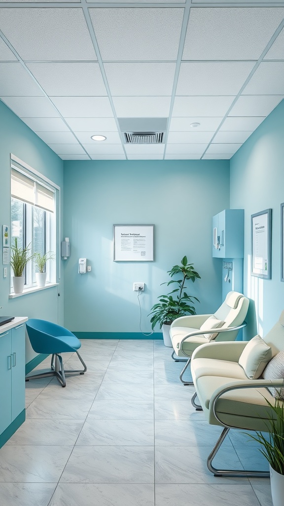 A nurse office with calming blue walls and comfortable seating