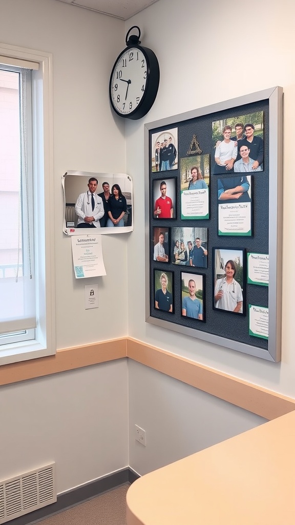 A nurse office corner with a bulletin board displaying team photos and certificates, alongside a wall clock.