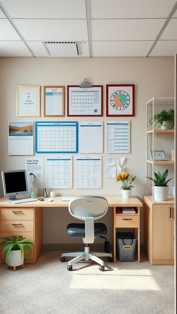 An organized nurse office with a desk, wall calendars, and plants