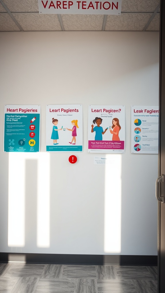 A wall in a nurse's office displaying educational posters about heart health and patient information.