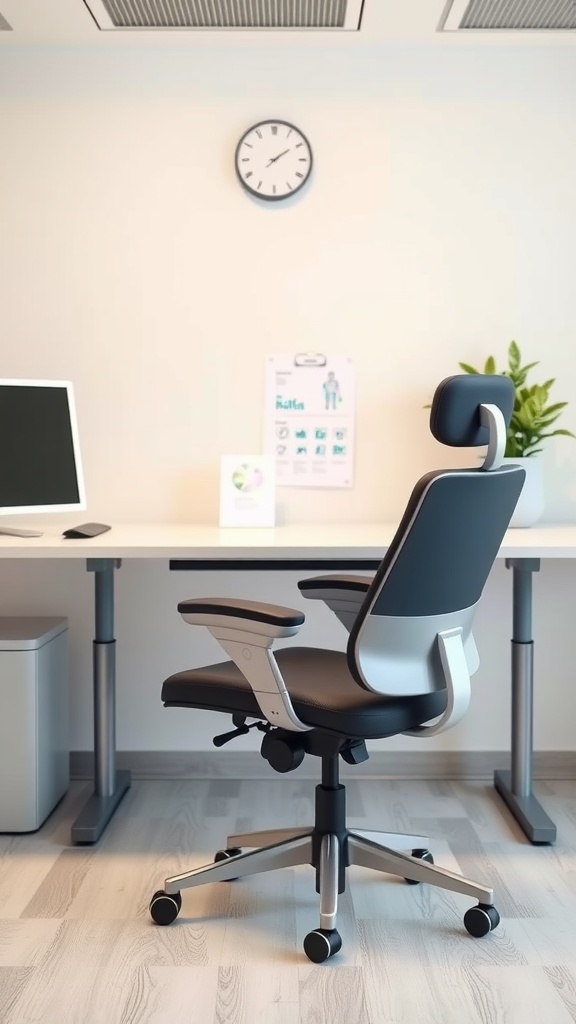 A modern ergonomic chair positioned in a nurse's office with a clean desk and wall decor.