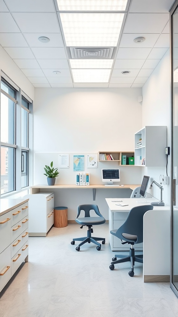 A modern nurse's office with a flexible layout, featuring a spacious desk, comfortable chairs, and large windows.