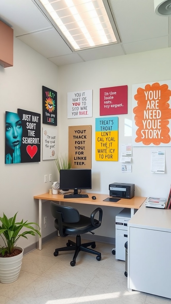 A nurse's office decorated with colorful motivational wall art.