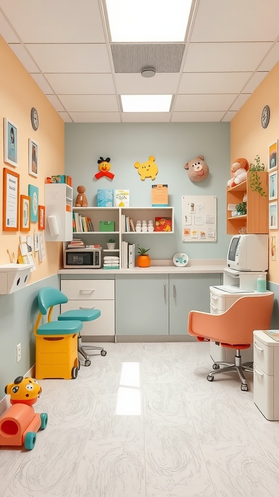 A vibrant pediatric office with colorful decor, playful furniture, and educational posters.